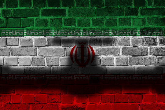 Oil pump on background of flag of Iran on brick wall. Vector illustration