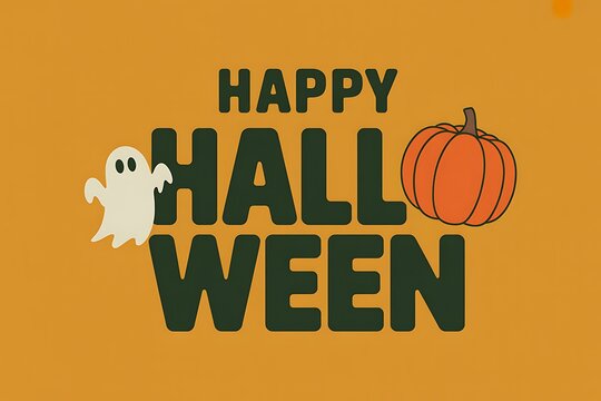 Happy halloween greeting card design with a cute ghost and a pumpkin on an orange background