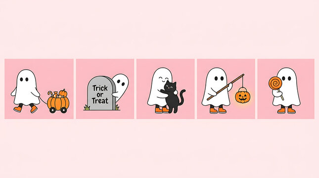 Cute Halloween ghost character illustrations in five square panels