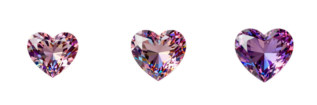 Three heart shaped gemstones glimmering in various shades of pink on a black background