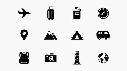 Minimalist black travel with high contrast collection twelve flat style icons representing diverse travel adventure themes against clean white background © Rahul