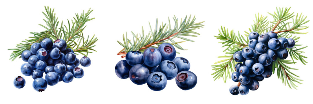 Watercolor illustration of clusters of juniper berries with green needles on black background