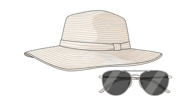 Wide brimmed sun hat and aviator sunglasses