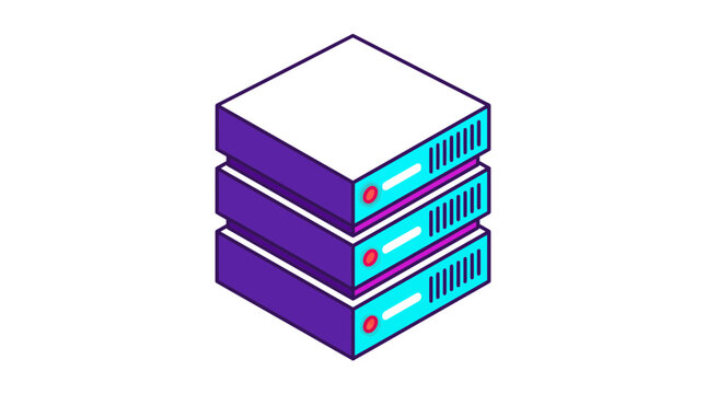 Digital server stack icon showing modern computing hardware with vibrant purple and cyan flat graphic design