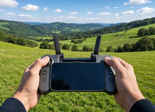 Hands holding a modern drone remote controller with a smartphone mounted in a scenic green landscape