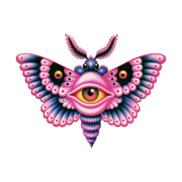Colorful moth with an eye design, PNG with transparent background.