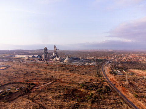 Aerial view of the Simba Cement Merueshi plant situated in the arid landscape of Kajiado, Kajiado County, Kenya.