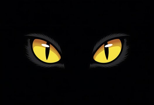 Close up of glowing yellow cat eyes staring from deep darkness in a mysterious and spooky atmosphere