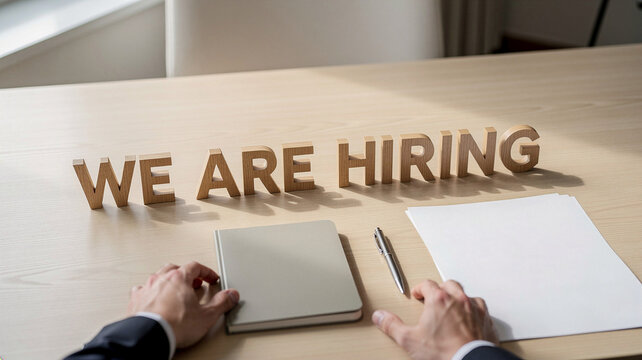 Businessman hands at a wooden desk with a notebook, pen, and blank paper below a we are hiring wooden sign, concept of corporate recruitment, job vacancy, and hiring interview.