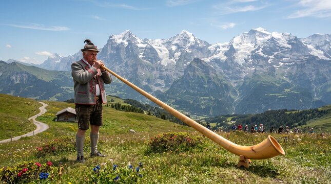 Musician performing with alphorn in swiss alpine landscape musician mountains
