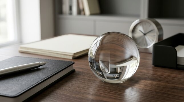 Glass sphere sits as a decorative paperweight on a professional mahogany desk near a classic analog clock.