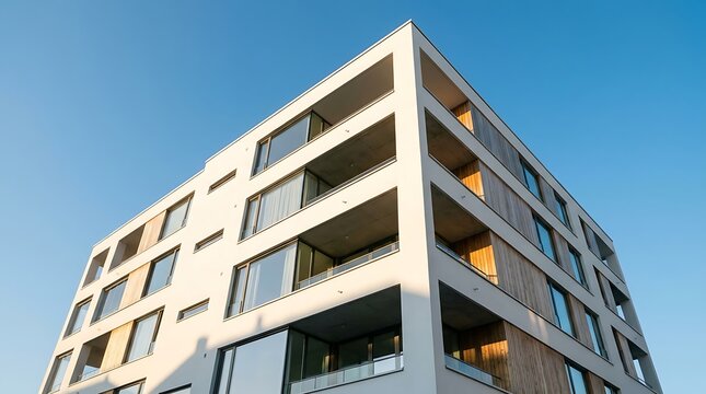 Striking modern apartment building with clean lines and contemporary design, offering a vision of sophisticated urban living under a clear blue sky