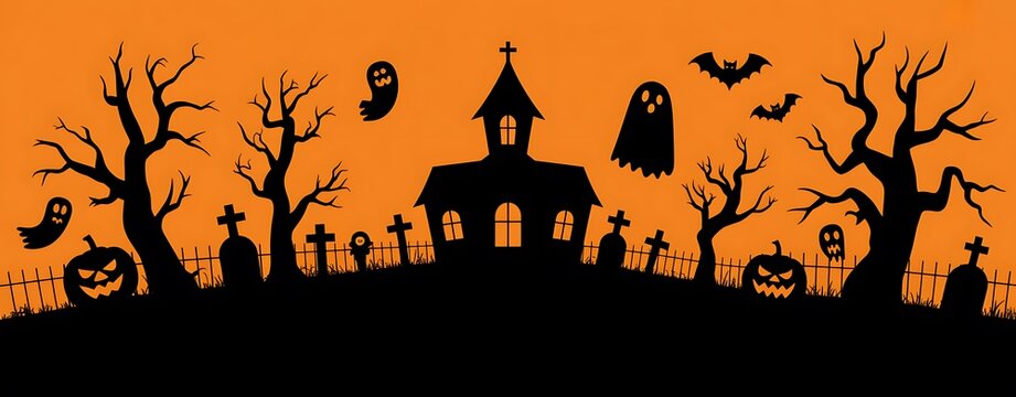 Spooky halloween background featuring a haunted house graveyard trees bats and pumpkins on an orange backdrop