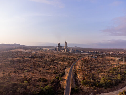 Aerial view of Simba Cement Merueshi factory situated in the arid landscape of Kajiado, Kajiado County, Kenya.
