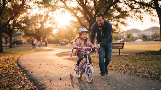 Father teaching his daughter how to ride a bicycle on a park path at sunset