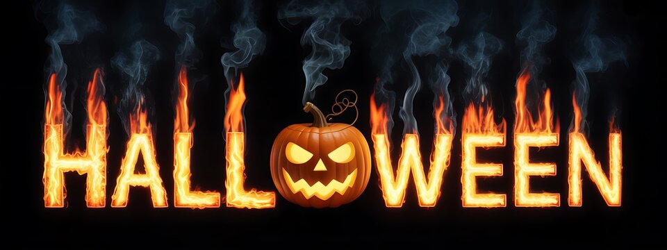 Fiery halloween text design with a glowing carved pumpkin jack o lantern on a dark background