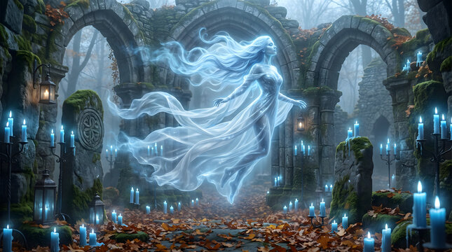 AI-generated premium Halloween fantasy: Banshee of moonlight and white silk, glowing mist hair, floating over Celtic ruins with autumn leaves and spectral candles, soft blue ghostly illumination