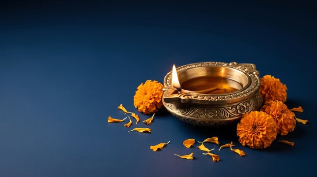Diwali Deepa Lamp with Marigold Flowers on Dark Blue Background