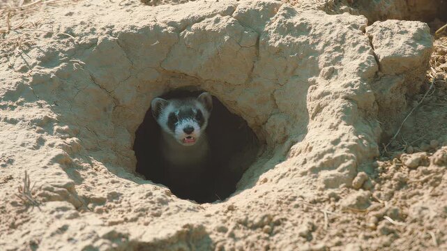 Curious ferret peeks out from its burrow in dry, cracked earth