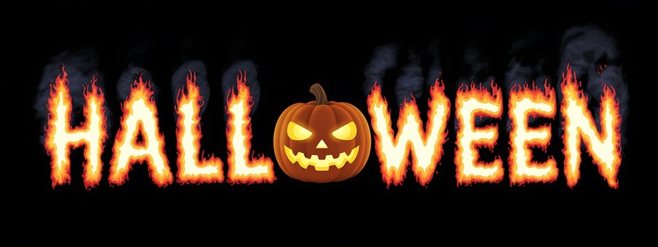 Halloween text design with burning fire letters and a scary glowing jack o lantern pumpkin on black background