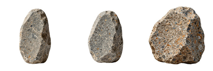 Obraz premium Three conglomerate rock specimens of varying shapes and sizes shown on a black background