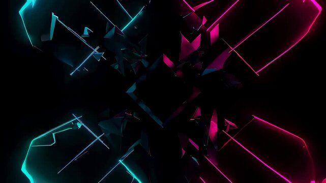 Abstract geometric shapes and lines with glowing neon magenta and teal light on a dark background for modern design