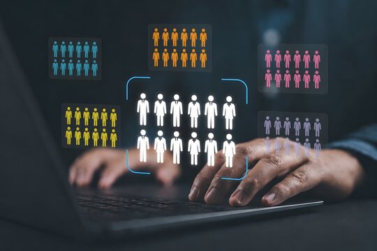 Target market or audience. Marketing segmentation strategy and analysis. Marketer using laptop computer to research customer data.