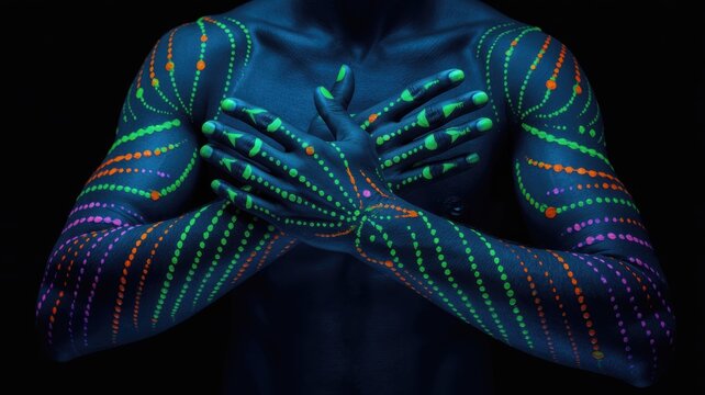 Human torso featuring glowing neon fluorescent body paint patterns with vibrant colorful dots isolated on a dark black background setting
