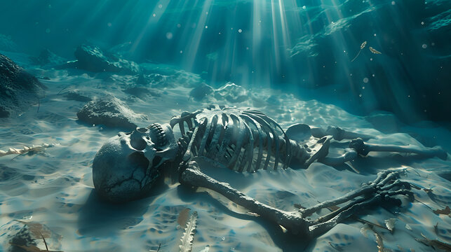 Skeleton resting underwater in sunlit ocean depths
