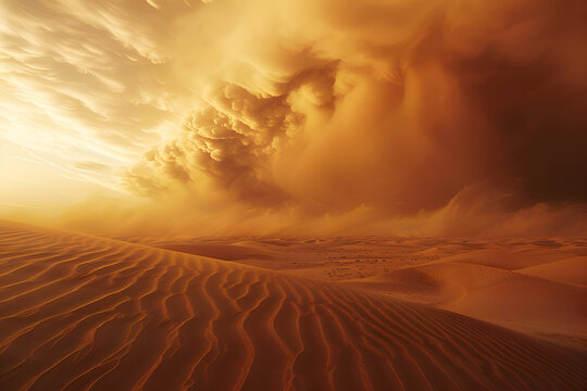 Majestic sandstorm sweeping across expansive desert landscape under dramatic sky