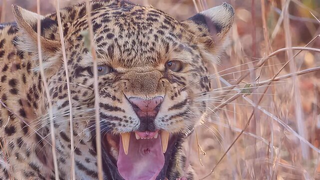 Close-up of a leopard roaring with its mouth wide open in tall dry grass