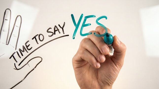 Hand Writing Time to Say Yes with Clock Drawing on Transparent Glass Board Business