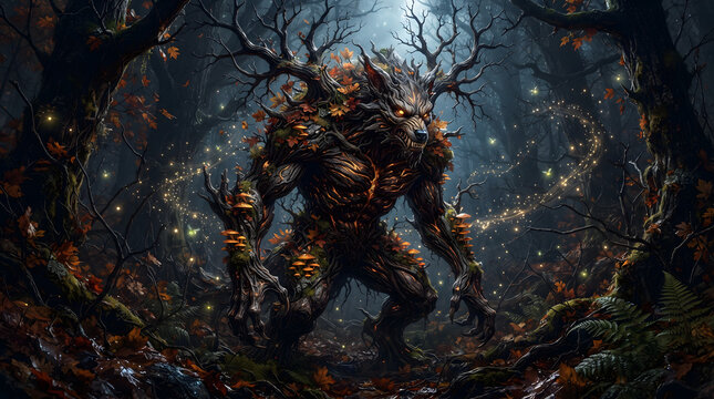 AI-generated ancient forest werewolf, body made of tree bark and glowing amber wood, antler branches, mushrooms, moss, autumn leaves, fireflies, Halloween forest night, cinematic moonlight