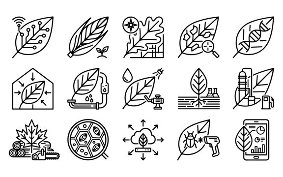 Set of black and white line icons representing various concepts of a tree leaf and modern agricultural technology