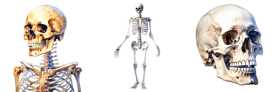 Complete human skeleton with a pair of detailed skulls on a solid black backdrop