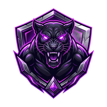 Fierce black panther mascot logo design with glowing purple eyes and metallic shield emblem.