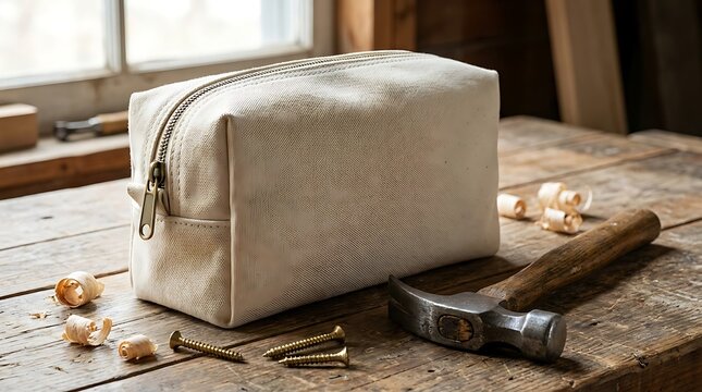 Blank canvas tool pouch resting on a rustic wooden workbench with hand tools