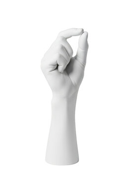 White hand statue showing a small size gesture with fingers pinched together