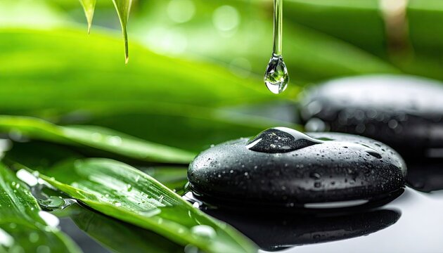 Macro Water Droplet Falling on Black Basalt Stone with Green Bamboo Leaves for Zen Spa Relaxation Concept
