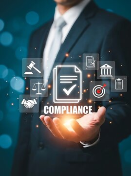 Corporate compliance concept with businessman holding holographic document and legal icons for business regulatory adherence and safety