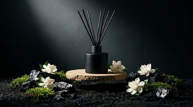 Black reed diffuser bottle on stone pedestal with gardenia flowers with lush green moss against dark moody background