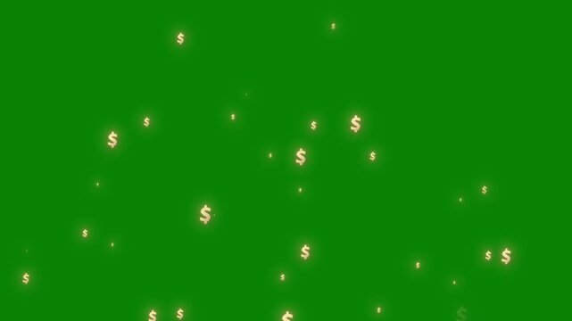 Animation with the dollar symbol built from particles, Dynamic golden dollar sign rotation on green screen background, vibrant wealth animation, 4k cinematic money particle transition.