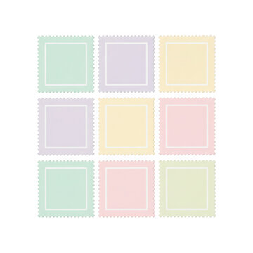 Set of nine colorful square postage stamp frames with decorative edges and pastel colors