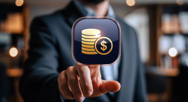 Dollar coins icon stacked beside a currency mark, golden earnings emblem about cash flow, savings growth and investment income suited to banking offers and financial success materials
