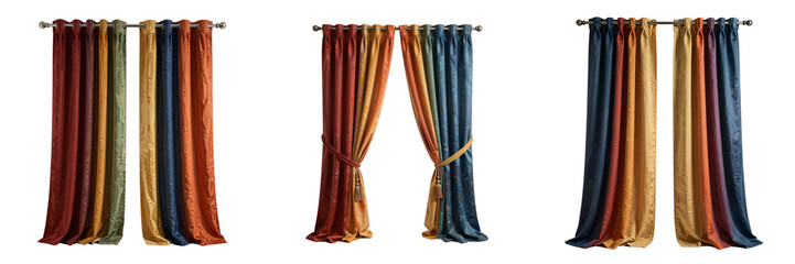 Obraz premium Colorful velvet curtains cascade from metal rods in three different presentations against black background