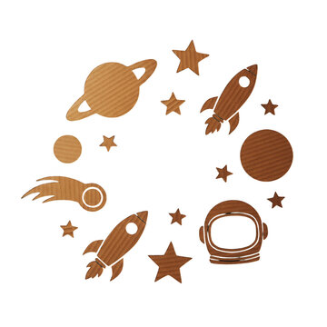 Circular frame of wooden textured space icons including planets rockets astronaut helmet and stars