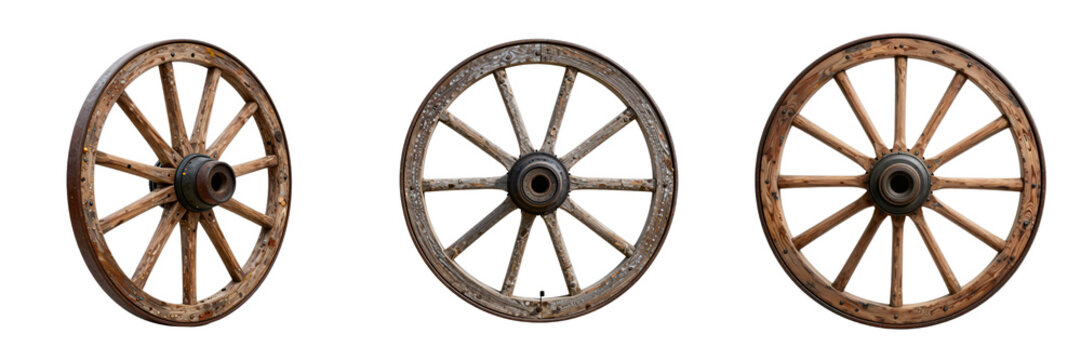Three antique wagon wheels show wear and tear of usage over the years