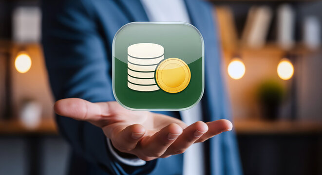 Interest coins icon of a neat golden stack, yield emblem growing with bank deposits and patient savers, compound gains and yearly returns for lifelong wealth education publications