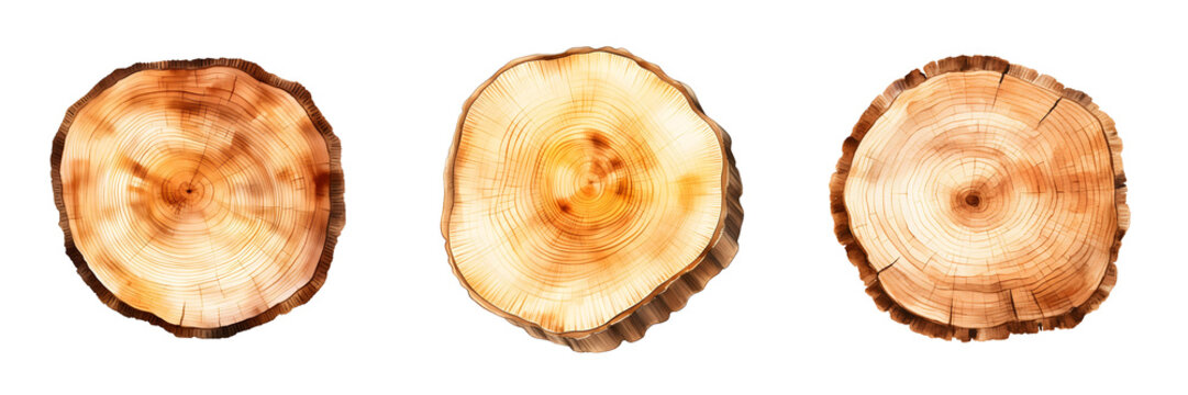 Watercolor illustration set of three wooden tree cuts, showing growth rings on a black backdrop
