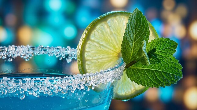 Macro composition featuring glowing lime slice and centered mint leaves